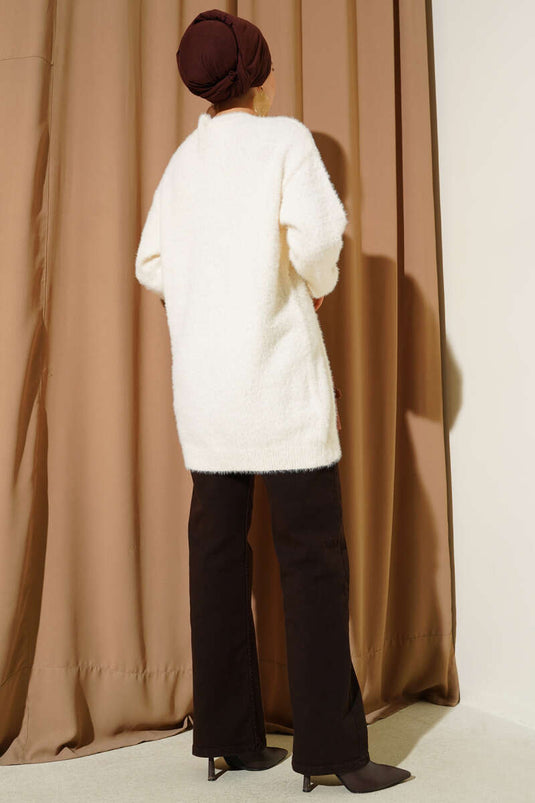 Gold Buttoned Plush Cardigan Ecru