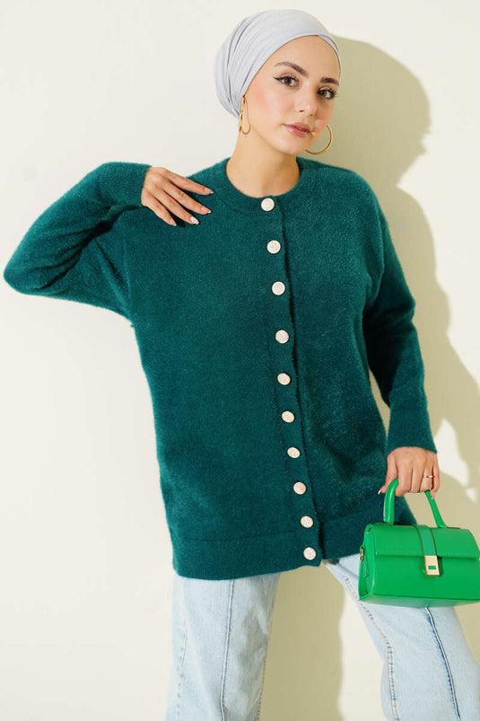 Gold Düğmeli Peluş Hırka Zümrüt