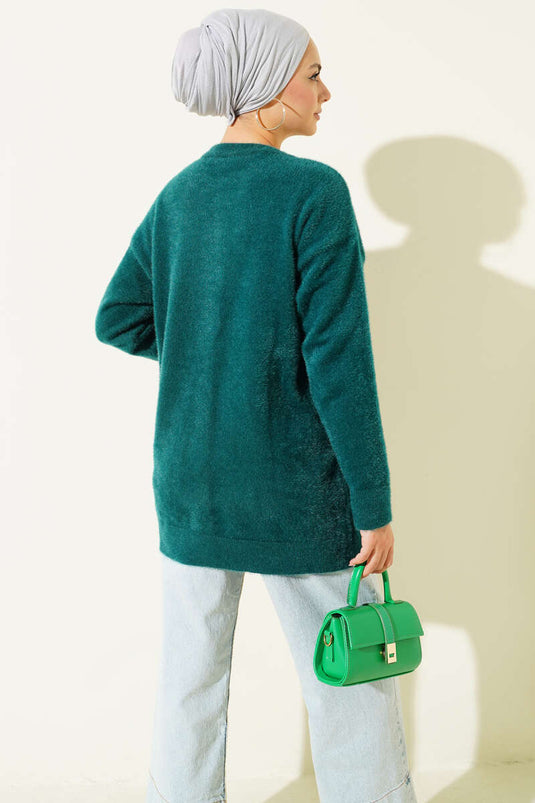 Gold Düğmeli Peluş Hırka Zümrüt