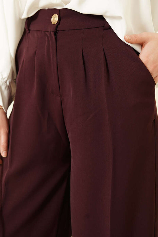 Pantalon Palazzo plissé bordeaux à boutons dorés