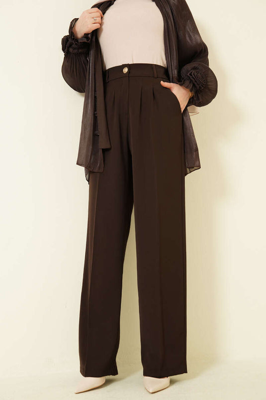 بنطال بالازو بكسرات بزر ذهبي بني