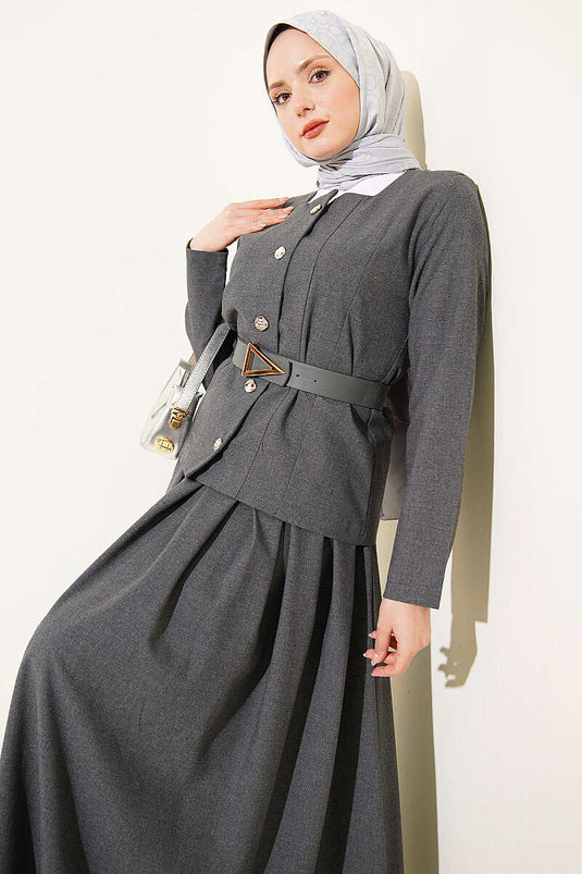Ensemble jupe en polyviscose gris fumé avec boutons dorés