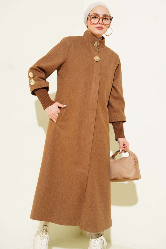 Gold Düğmeli Ribanalı Kaşe Kaban Latte