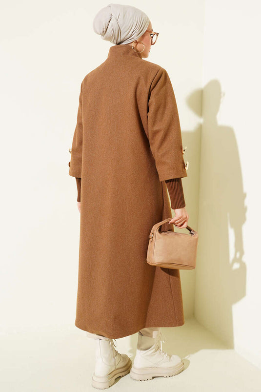 Gold Düğmeli Ribanalı Kaşe Kaban Latte