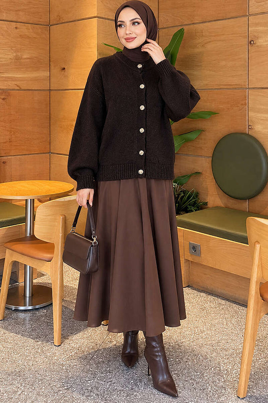 Gilet En Maille Côtelée À Boutons Dorés Couleur Marron Chaud