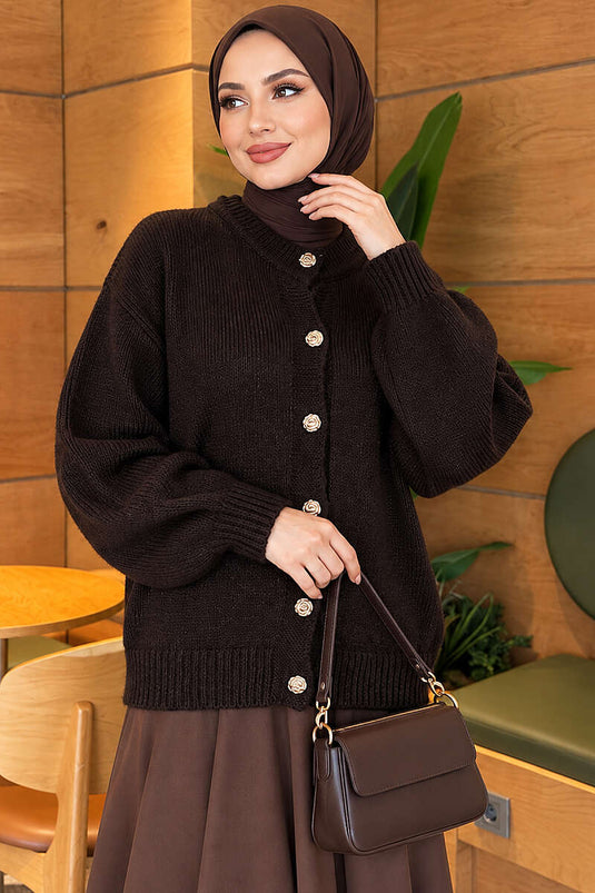 Gilet En Maille Côtelée À Boutons Dorés Couleur Marron Chaud