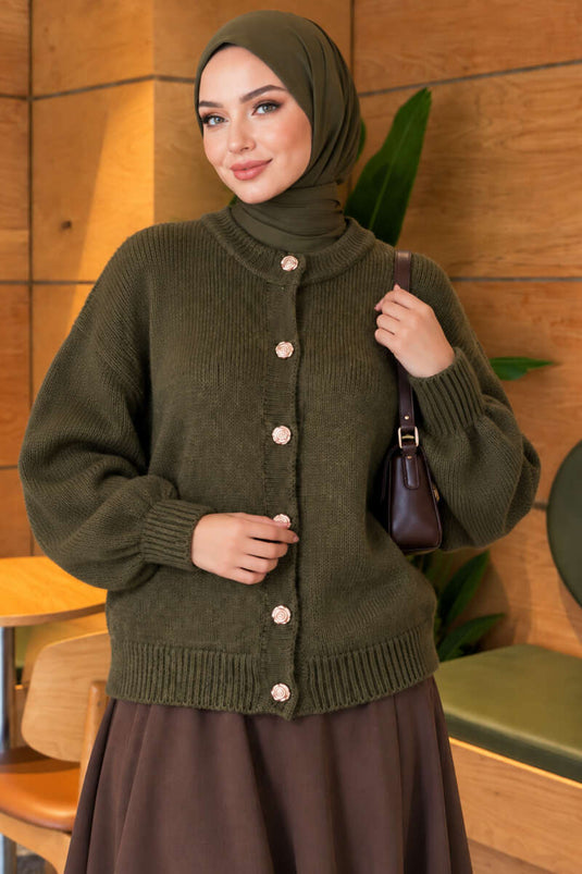Gilet En Maille Côtelée À Boutons Dorés Kaki
