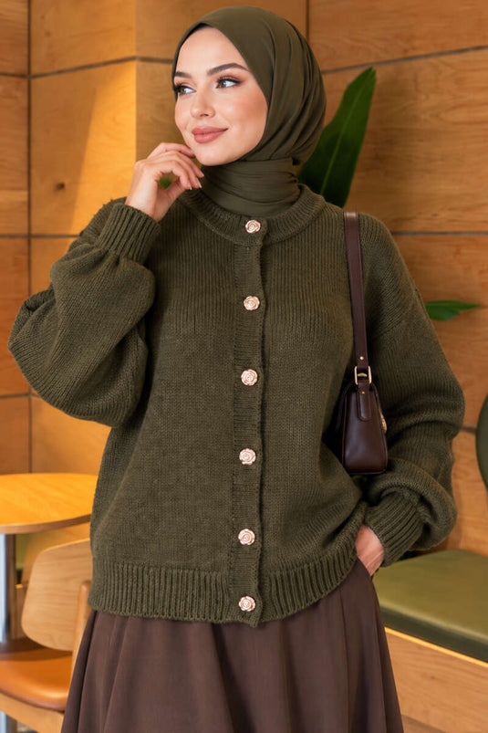 Gilet En Maille Côtelée À Boutons Dorés Kaki