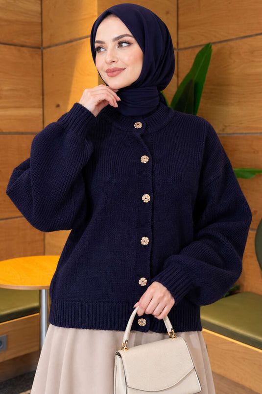 Gilet En Maille Côtelée À Boutons Dorés Bleu Marine