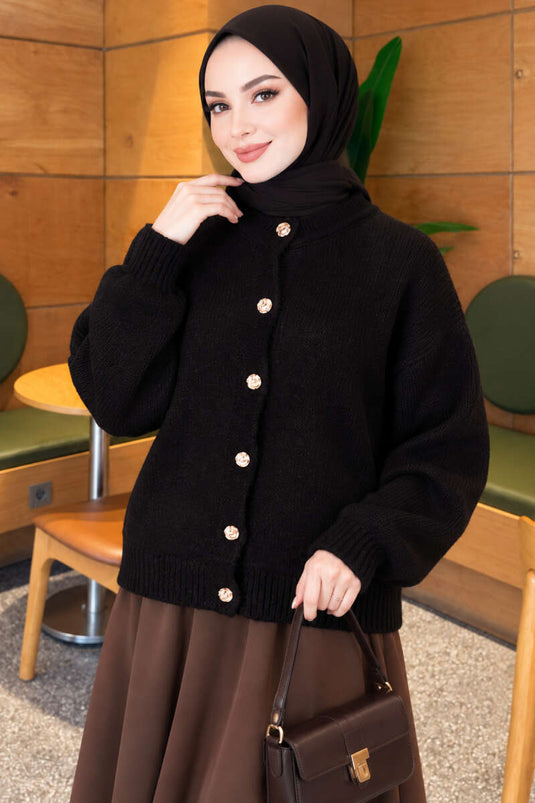 Gilet En Maille Côtelée À Boutons Dorés Noir
