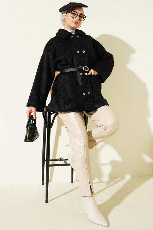 Gold Buttoned Bearded Belted Jacket Black