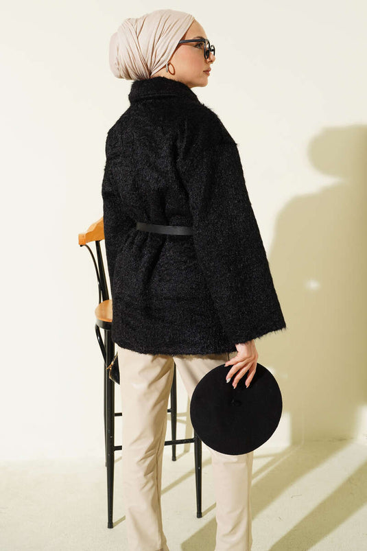 Gold Buttoned Bearded Belted Jacket Black