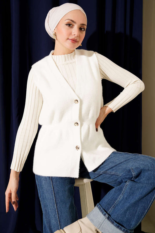 Gold Buttoned Bearded Vest, Ecru