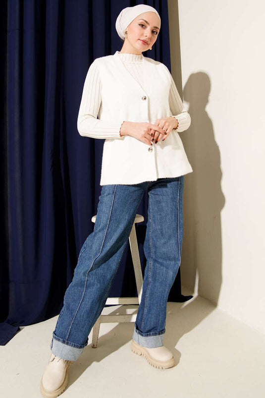 Gold Buttoned Bearded Vest, Ecru