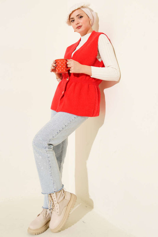 Gold Buttoned Bearded Vest, Red