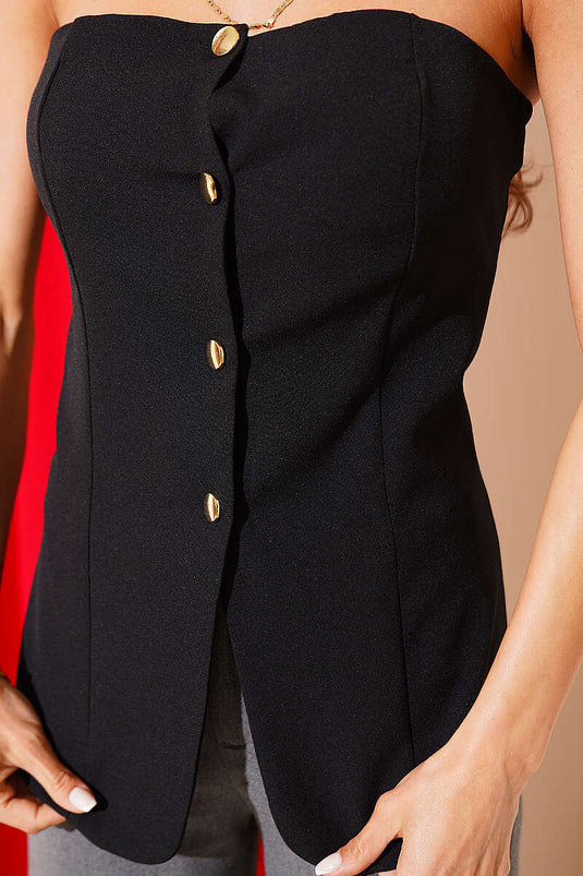 Blusa sin tirantes con botones dorados negra