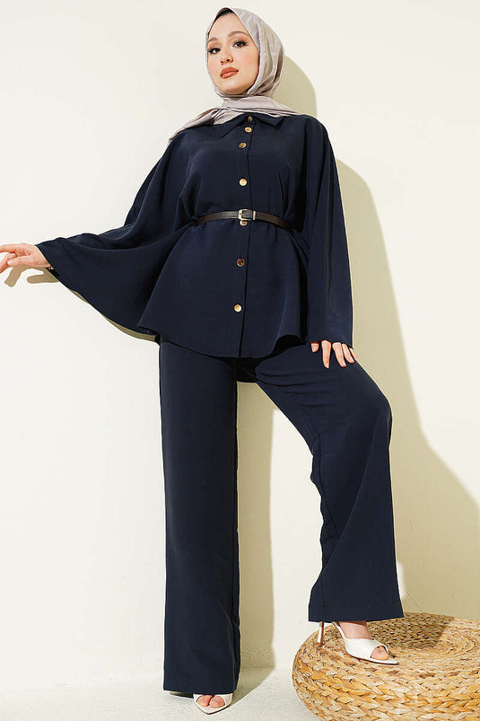 Completo Poncho Tensel con Bottoni Dorati Blu Scuro