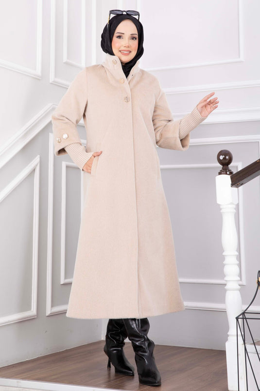 Manteau Long Angora Doré À Boutons Beige