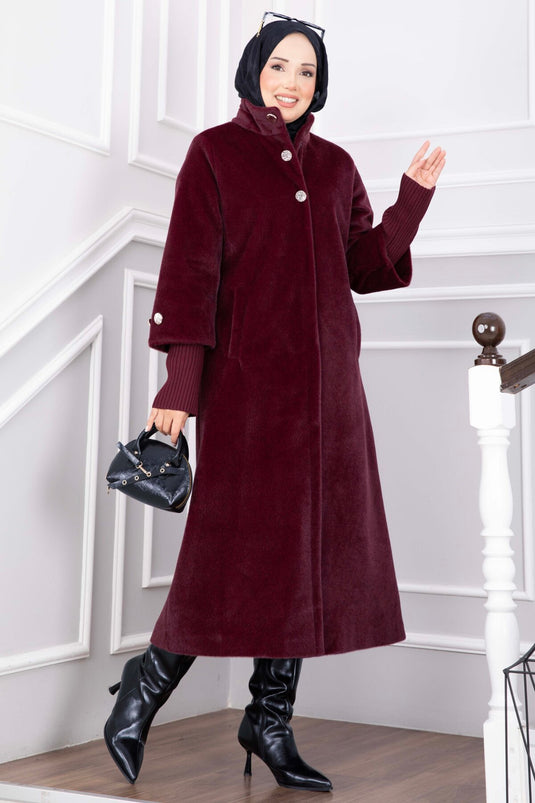 Cappotto Lungo In Angora Con Bottoni Dorati Bordeaux