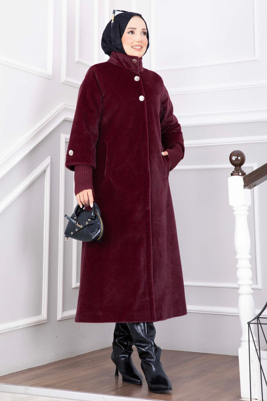 Cappotto Lungo In Angora Con Bottoni Dorati Bordeaux
