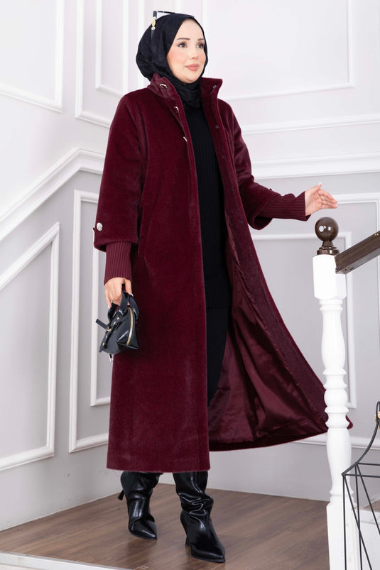 Cappotto Lungo In Angora Con Bottoni Dorati Bordeaux