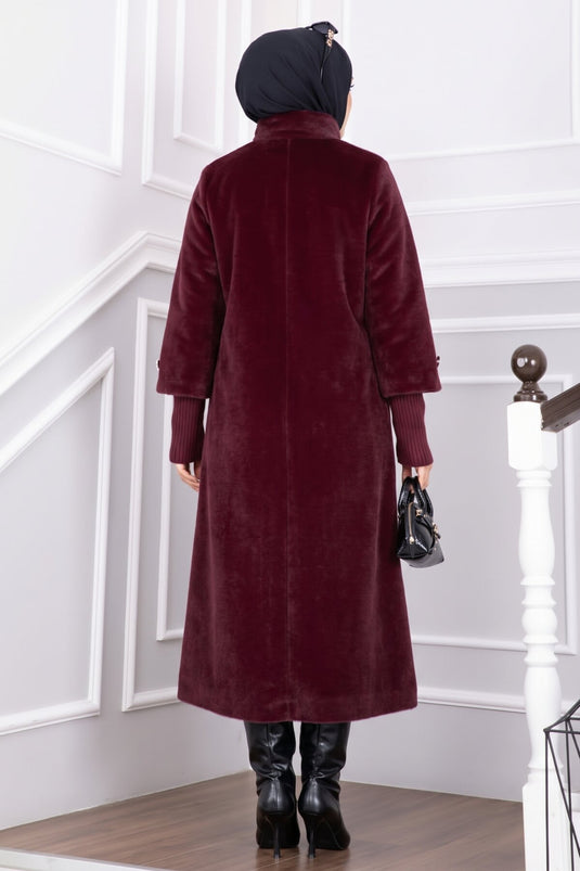 Cappotto Lungo In Angora Con Bottoni Dorati Bordeaux