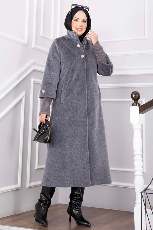 Cappotto Lungo In Angora Con Bottoni Dorati Grigio Fumo