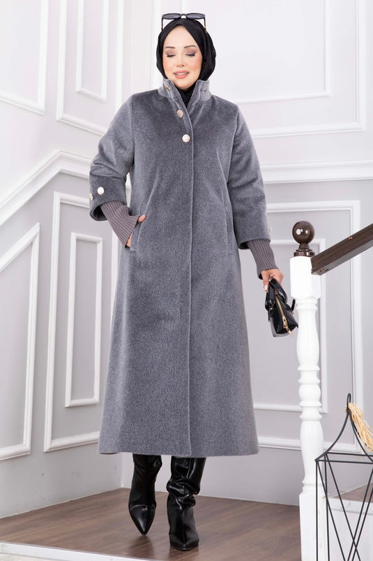 Cappotto Lungo In Angora Con Bottoni Dorati Grigio Fumo