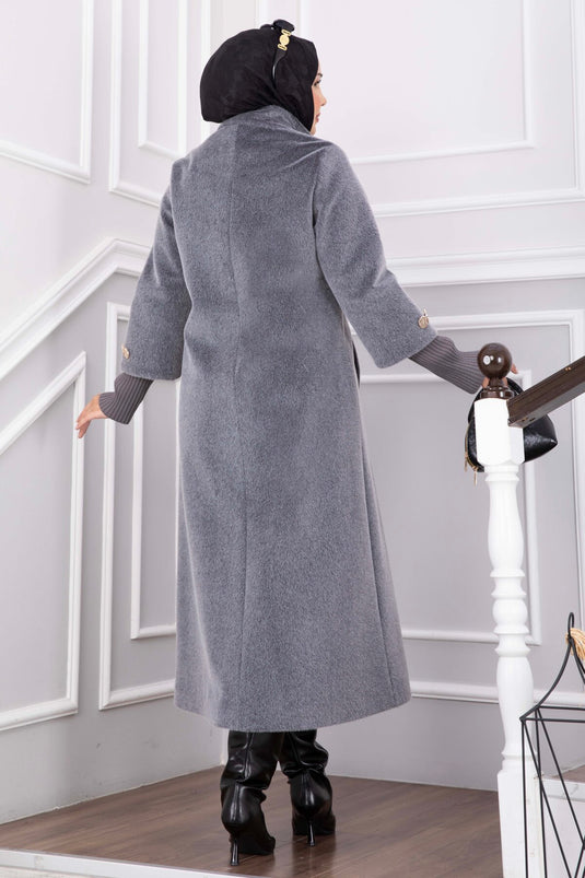 Cappotto Lungo In Angora Con Bottoni Dorati Grigio Fumo