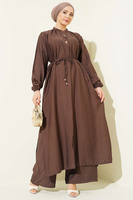 Ensemble deux pièces tunique longue à boutons dorés marron