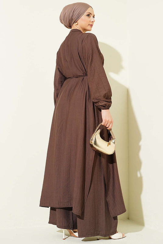 Ensemble deux pièces tunique longue à boutons dorés marron