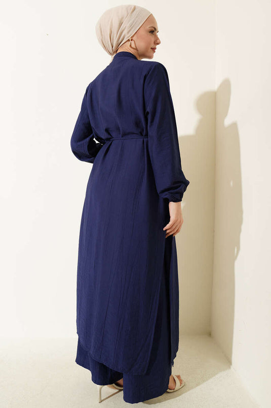 Ensemble deux pièces tunique longue à boutons dorés bleu marine