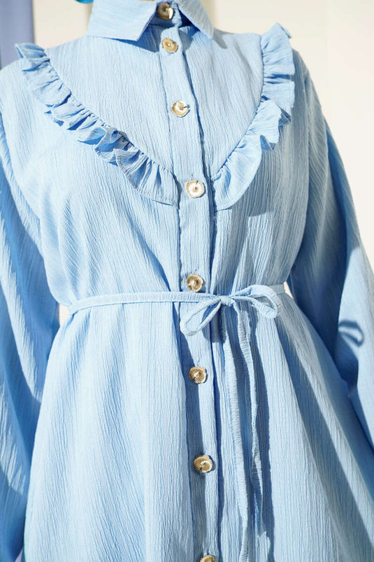 Ensemble deux pièces à volants en V et boutons dorés, bleu ciel