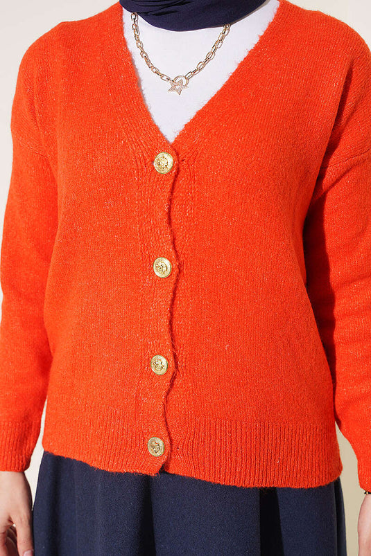 Kurzer Goldener Strick-Cardigan Mit Knöpfen Und V-Ausschnitt In Orange