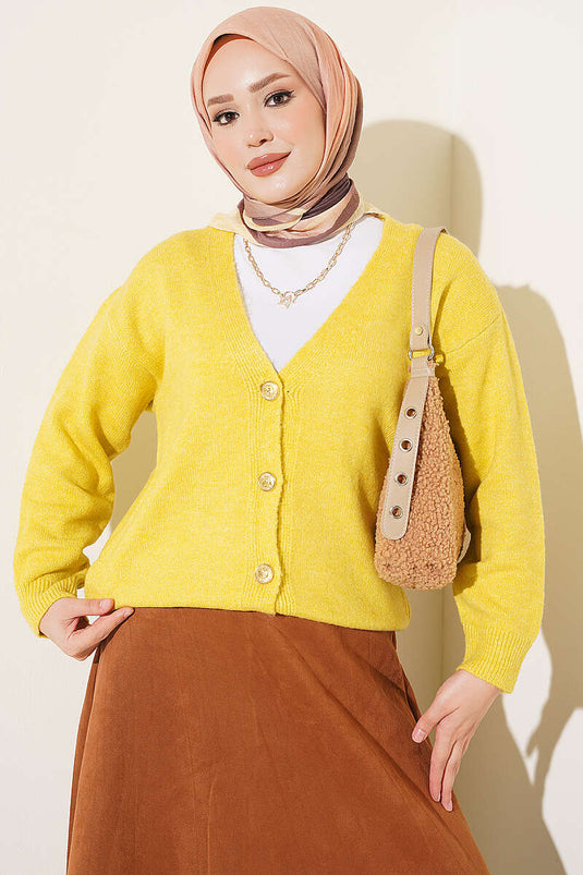 Gilet Court En Maille À Boutons Dorés Et Col En V Vert Olive