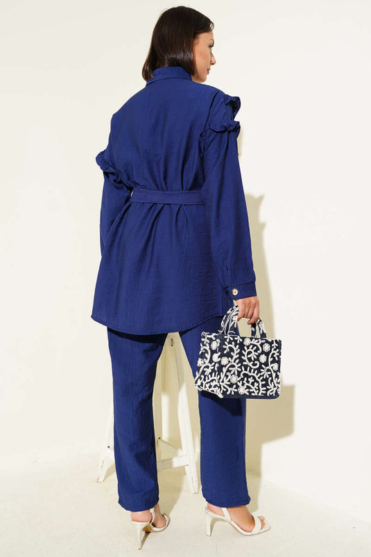 Gold Düğmeli Yaka Fırfırlı İkili Takım Lacivert