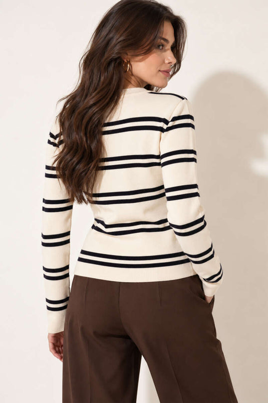 Gilet En Maille À Boutons Dorés Rayé Beige Marine