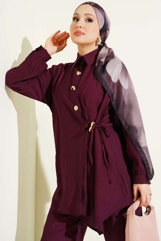 Gold Düğmeli Yan İp Bağcıklı İkili Takım Burgonya