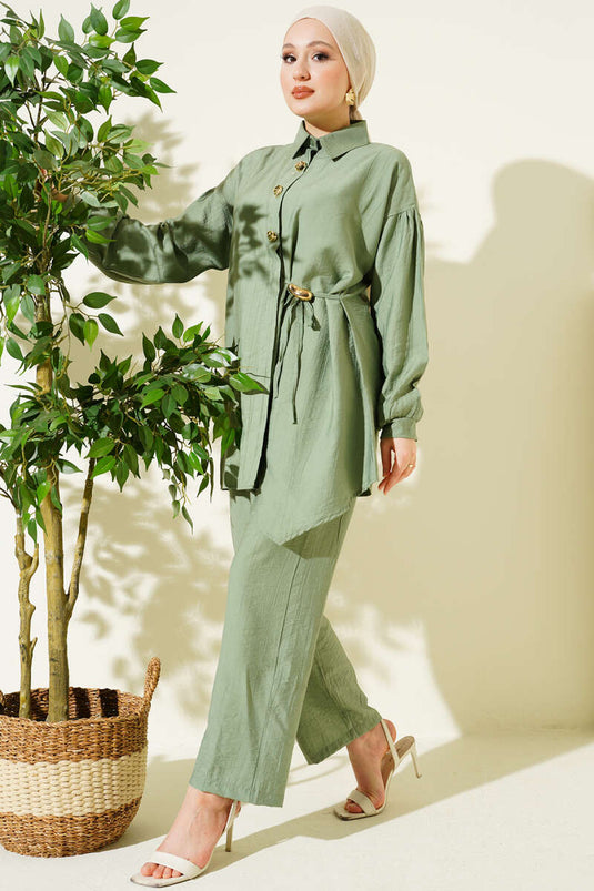 Gold Buttoned Side String Two-Piece Set in Pistachio Green