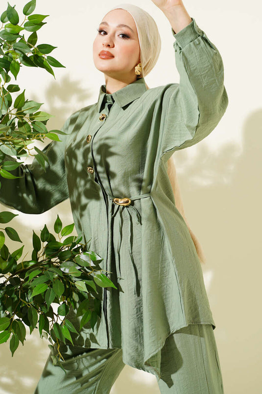 Gold Düğmeli Yan İp Bağcıklı İkili Takım Çağla Yeşili