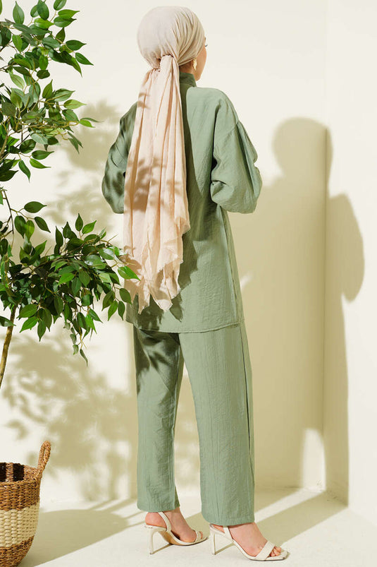 Gold Düğmeli Yan İp Bağcıklı İkili Takım Çağla Yeşili