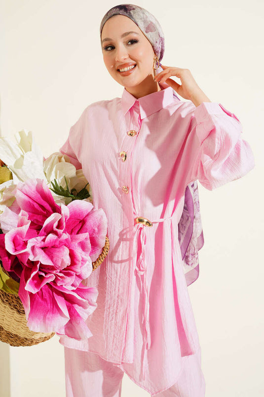 Pink Two-Piece Set with Gold Buttons and Side Drawstring