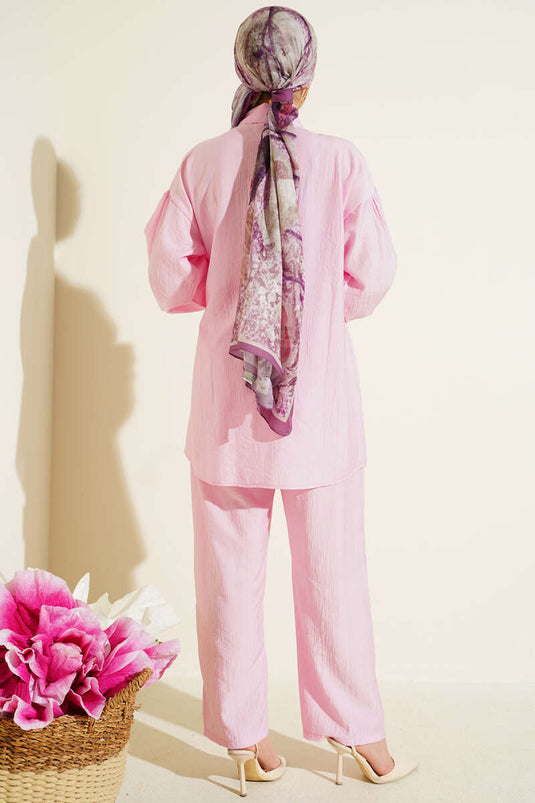 Pink Two-Piece Set with Gold Buttons and Side Drawstring