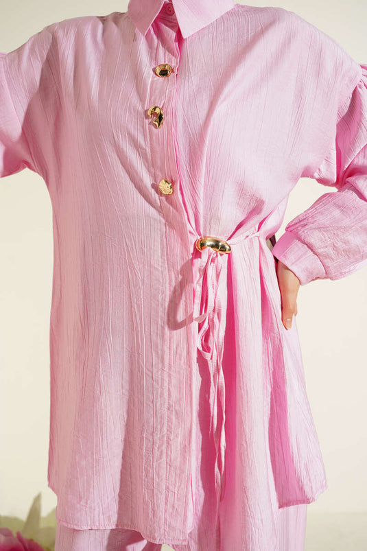 Pink Two-Piece Set with Gold Buttons and Side Drawstring