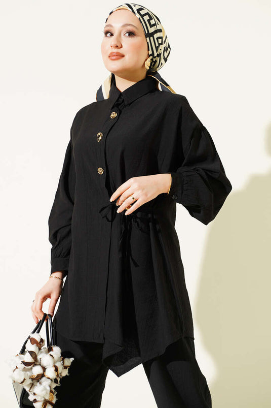 Black Two-Piece Set with Gold Buttons and Side Drawstring