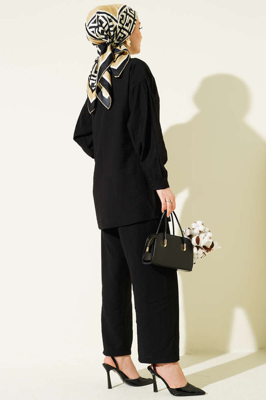 Black Two-Piece Set with Gold Buttons and Side Drawstring