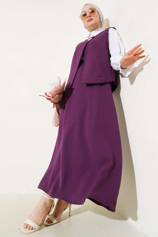 Gold Düğmeli Yelekli Etekli İkili Takım Mor