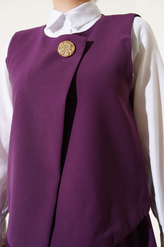 Gold Düğmeli Yelekli Etekli İkili Takım Mor