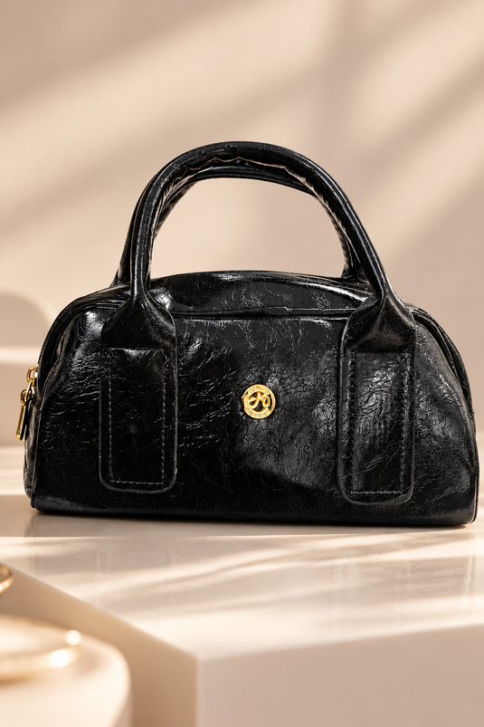 Gold Zippered Hand & Shoulder Bag Black