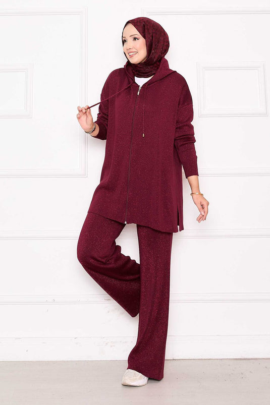 Gold Glitter Zippered Hooded Knitwear Two-Piece Set Burgundy